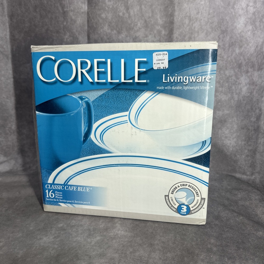 New Corelle Cafe Blue 16 Piece Plates Bowls Mugs Vintage NOS Cottage Core